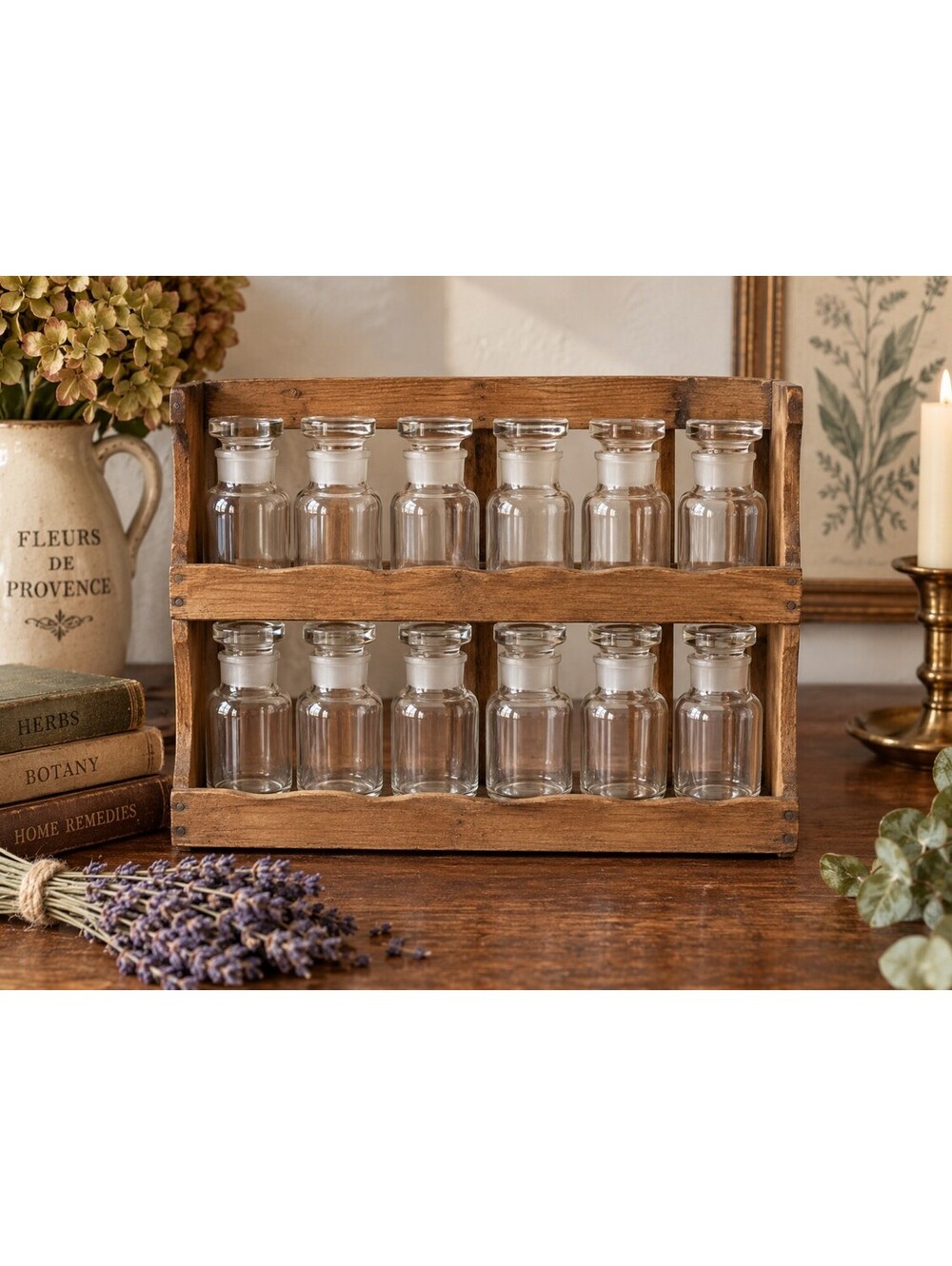 Vintage Wooden Spice Rack with 12 Glass Apothecary Bottle Ground Glass Stoppers